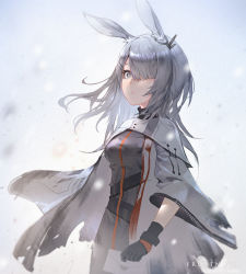 Rule 34 | 1girl, animal ears, arknights, black gloves, breasts, character name, chinese commentary, commentary, cowboy shot, dress, frostnova (arknights), gloves, grey background, grey dress, grey eyes, hair over one eye, highres, holding, holding letter, kuhnowushi, letter, long hair, long sleeves, medium breasts, rabbit ears, silver hair, solo, standing, wide sleeves