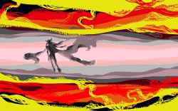 Rule 34 | 1girl, abstract, eico, fire, full body, long hair, outstretched arm, reiuji utsuho, silhouette, solo, touhou