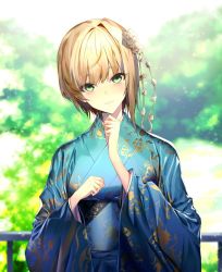 Rule 34 | 1girl, bad id, bad twitter id, blonde hair, blue kimono, blurry, blurry background, blush, closed mouth, commentary request, day, depth of field, flower, green eyes, hair flower, hair ornament, hands up, head tilt, idolmaster, idolmaster cinderella girls, idolmaster cinderella girls starlight stage, japanese clothes, kimono, light particles, long sleeves, looking at viewer, miyamoto frederica, obi, outdoors, railing, sash, short hair, smile, solo, soya (torga), wide sleeves