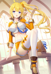 Rule 34 | 1girl, :o, bandeau, blonde hair, blush, breasts, character request, chinese commentary, cleavage, collarbone, commentary request, copyright request, hair between eyes, highres, indoors, looking at viewer, midriff, navel, on railing, open mouth, railing, ririko (zhuoyandesailaer), short shorts, shorts, sidelocks, sitting, solo, teeth, thighhighs, upper teeth only, white bandeau, white thighhighs