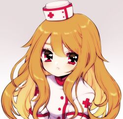 2000s_(style) arms_at_sides blonde_hair blur_layer borrowed_character buttons commission double-parted_bangs grey_background hat highres long_hair looking_at_viewer mini_hat nurse nurse_cap original parted_lips pikiru portrait red_eyes red_trim second-party_source shirt simple_background solo split_mouth three_quarter_view white_hat white_shirt