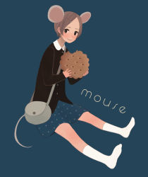 Rule 34 | 1girl, animal ears, bag, black eyes, black shirt, blue background, blue skirt, brown hair, buttons, collar, cookie, flower, food, full body, hair flower, hair ornament, hairclip, holding, long sleeves, looking at viewer, mouse ears, mouse girl, mouse tail, nakamura hinata, no shoes, original, parted bangs, peter pan collar, shirt, short hair, shoulder bag, simple background, sitting, skirt, solo, tail, white collar, white legwear