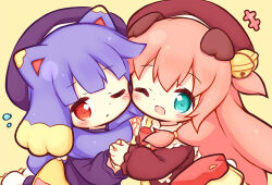 Rule 34 | +++, 2girls, ;d, aikei ake, animal ears, beret, blue eyes, blush, brown background, brown dress, brown hat, cat ears, chibi, closed mouth, commentary request, dog ears, dress, flying sweatdrops, hair between eyes, hat, holding hands, interlocked fingers, long hair, long sleeves, multiple girls, one eye closed, open mouth, original, pink hair, puffy long sleeves, puffy sleeves, purple dress, purple hair, purple hat, simple background, smile, two side up, very long hair