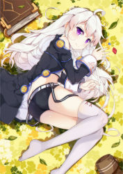 Rule 34 | 1girl, ahoge, ass, blonde hair, book, boots, unworn boots, coat, commentary request, dango remi, leaf, long hair, looking at viewer, lying, off shoulder, on side, purple eyes, short shorts, shorts, smile, solo, thighhighs, white hair, white thighhighs, zero (zero kara hajimeru mahou no sho), zero kara hajimeru mahou no sho