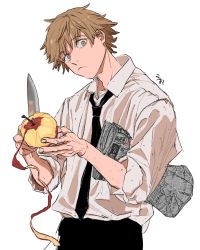 Rule 34 | 1boy, apple, black necktie, black pants, blonde hair, chainsaw man, collared shirt, denji (chainsaw man), food, frown, fruit, highres, holding, holding food, holding fruit, holding knife, knife, looking at viewer, necktie, newspaper, pants, peeling, shirt, shirt tucked in, short hair, simple background, sleeves rolled up, solo, spiked hair, tasuketemama, white background, white shirt, yellow eyes