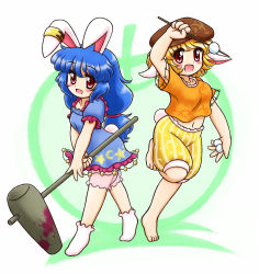Rule 34 | 2girls, :d, ambiguous red liquid, animal ears, apple, barefoot, beret, blonde hair, blue dress, blue hair, blush stickers, bobby socks, breasts, brown hat, collarbone, commentary request, crescent, dango, dress, ear piercing, earclip, floppy ears, food, frilled dress, frills, fruit, full body, hat, holding, holding food, kine, long hair, looking at viewer, low-tied long hair, mallet, medium breasts, midriff, multiple girls, navel, nitamago, open mouth, orange shirt, piercing, puffy short sleeves, puffy sleeves, rabbit ears, rabbit tail, red ribbon, ribbon, ringo (touhou), seiran (touhou), shirt, short hair, short sleeves, shorts, skewer, small breasts, smile, socks, stain, standing, standing on one leg, star (symbol), star print, tail, touhou, two-tone background, wagashi, white legwear, yellow shorts