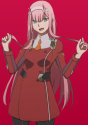 Rule 34 | 1girl, aged down, breasts, darling in the franxx, green eyes, hairband, horns, li@ (rikku04), long hair, looking at viewer, medium breasts, oni horns, pink hair, red horns, solo, white hairband, zero two (darling in the franxx)