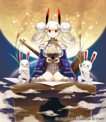 Rule 34 | 10s, 1girl, ahoge, blush, breasts, closed mouth, company name, double bun, full moon, hair bun, hair ornament, hair rings, large breasts, looking away, looking up, moon, official art, rabbit, red eyes, sitting, smile, socks, solo, sparkle, tokiti, wariza, white hair, white socks, wixoss, x hair ornament