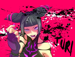 Rule 34 | 1girl, absurdres, bare shoulders, black hair, capcom, character name, fingerless gloves, gloves, han juri, highres, lipstick, looking at viewer, makeup, nail polish, purple eyes, purple lips, purple nails, solo, street fighter, street fighter iv (series), tongue