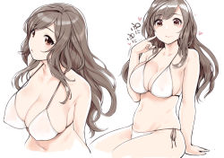 Rule 34 | 1girl, bare arms, bare shoulders, bikini, breasts, brown hair, cleavage, closed mouth, collarbone, covered erect nipples, hand up, heart, idolmaster, idolmaster shiny colors, index finger raised, large breasts, long hair, looking at viewer, multiple views, navel, parted lips, red eyes, side-tie bikini bottom, simple background, sitting, stomach, strap gap, sunaba suzume, swimsuit, tsukioka kogane, white background, white bikini