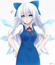 Rule 34 | 10s, 1girl, :3, :d, aged up, artist name, bad id, bad pixiv id, black hat, black heart (neptunia), blue bow, blue dress, blue eyes, blue hair, blush, bow, bowtie, cirno, cirno (cosplay), cosplay, cowboy shot, crossed bangs, crystal, detached wings, dress, fairy, fairy wings, frilled sleeves, frills, hair between eyes, hair bow, hands on own hips, hat, ice, ice wings, keenh, long hair, looking at viewer, matching hair/eyes, neptune (series), noire (neptunia), open mouth, pinafore dress, power symbol, power symbol-shaped pupils, puffy short sleeves, puffy sleeves, red bow, red bowtie, shirt, short sleeves, simple background, sleeveless, sleeveless dress, smile, smiley face, solo, symbol-shaped pupils, touhou, very long hair, white background, white shirt, wings