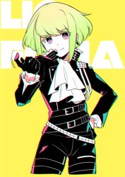 Rule 34 | 1boy, ascot, beckoning, black gloves, black jacket, chromatic aberration, earrings, gloves, half gloves, hand on own hip, highres, jacket, jewelry, karokuchitose, lio fotia, looking at viewer, male focus, promare, smile, solo