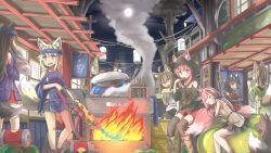 Rule 34 | 6+girls, absurdres, ahoge, animal ear fluff, animal ears, black hair, black skirt, black thighhighs, blonde hair, blue eyes, blue headband, brown hair, closed eyes, closed mouth, collarbone, cooking, dog, drink, eating, eyepatch, fang, flamethrower, food, fox ears, fox girl, fox tail, full moon, grill, grilling, hair over shoulder, hand up, headband, highres, hinbackc, holding, holding drink, holding weapon, hood, hood up, katana, lantern, long hair, looking at another, lying, meat, medium hair, miniskirt, moon, multiple girls, night, on side, open mouth, original, outdoors, pink hair, pleated skirt, purple eyes, red eyes, red skirt, scenery, shirt, sidelocks, sitting, skewer, skirt, sleeping, sleeveless, sleeveless shirt, slime (creature), standing, sweatdrop, sword, tail, tail raised, thighhighs, tree, weapon, weapon on back, white shirt, yellow eyes, zettai ryouiki
