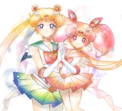 Rule 34 | bishoujo senshi sailor moon, blonde hair, blue eyes, blue sailor collar, brooch, chibi usa, choker, circlet, cone hair bun, crescent, crescent earrings, double bun, earrings, elbow gloves, gloves, hair bun, hair ornament, heart, heart brooch, height difference, highres, holding hands, inuko (nozomi1118), inuko (pixiv6096383), jewelry, looking at viewer, miniskirt, multicolored clothes, multicolored skirt, pink eyes, pink hair, pleated skirt, ribbon, sailor chibi moon, sailor collar, sailor moon, skirt, smile, super sailor chibi moon, super sailor moon, tsukino usagi, twintails, white gloves