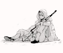 Rule 34 | 1girl, absurdres, between legs, boots, dirty, dirty clothes, dirty face, fingerless gloves, full body, fullmetal alchemist, gaiters, gloves, greyscale, gun, hair between eyes, hand between legs, highres, holding, holding gun, holding weapon, hood, hood up, long sleeves, monochrome, ozaki (tsukiko3), rifle, riza hawkeye, sitting, solo, weapon, white background