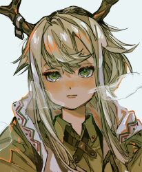 Rule 34 | 1girl, arknights, blush, breath, closed mouth, collared shirt, commentary, cross tie, firewatch (arknights), green eyes, green shirt, grey hair, horns, lips, looking at viewer, mmm ma pmpm, mole, mole under eye, shirt, solo, swept bangs, symbol-only commentary, upper body, white background