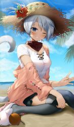 Rule 34 | 1girl, absurdres, black thighhighs, blue eyes, blue hair, breasts, cat girl, cat tail, facial hair, final fantasy, final fantasy xiv, hat, highres, jacket, long sleeves, medium breasts, miqo&#039;te, one eye closed, outdoors, parted lips, shirt, short hair, short sleeves, sitting, slit pupils, smile, solo, straw hat, tail, thighhighs, warrior of light (ff14), white shirt, yana mori