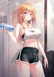Rule 34 | 1girl, blonde hair, blouse, bottle, breasts, crop top, gym shorts, highres, indoors, large breasts, lkeris, looking at viewer, navel, original, shirt, short shorts, shorts, sleeveless, sleeveless shirt, smile, solo, spaghetti strap, sports bra, sportswear, thighs, water, water bottle, white shirt, yellow eyes