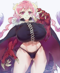 Rule 34 | 1girl, absurdres, arm up, bare legs, black cape, black panties, breasts, cape, cowboy shot, dragon claw, dragon girl, dragon horns, dragon tail, ethan wylie, highres, horns, huge breasts, ilulu (maidragon), kobayashi-san chi no maidragon, long hair, low twintails, midriff, navel, panties, pink hair, purple eyes, shadow, signature, simple background, solo, tail, thong, twintails, underwear, very long hair, white background, wide hips