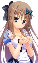 Rule 34 | 1girl, aqua eyes, blush, breasts, brown hair, butterfly hair ornament, cleavage, collarbone, dress, hair ornament, hair ribbon, hapymaher, highres, long hair, looking at viewer, md5 mismatch, resized, resolution mismatch, ribbon, smile, solo, source larger, toriumi arisu, upper body, very long hair, white background, yuzu modoki