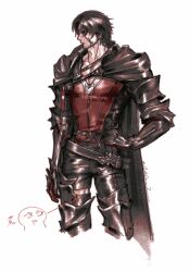Rule 34 | 1boy, absurdres, armor, artist name, belt, black belt, black cape, black hair, black pants, caloserrr, cape, clive rosfield, closed mouth, cowboy shot, facial hair, facial tattoo, final fantasy, final fantasy xvi, gauntlets, highres, male focus, pants, profile, red shirt, shirt, short hair, simple background, solo, standing, tattoo, white background