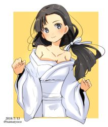 Rule 34 | 10s, 1girl, asymmetrical bangs, black eyes, black hair, blush, breasts, cleavage, closed mouth, commentary, cropped torso, dated, girls und panzer, hair ribbon, head tilt, highres, japanese clothes, kimono, long hair, long sleeves, low-tied long hair, medium breasts, namatyoco, nishi kinuyo, obi, off shoulder, one-hour drawing challenge, ribbon, sash, smile, twitter username, white kimono, white ribbon, wide sleeves, yellow background