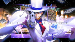 Rule 34 | 1boy, black hair, blue eyes, building, cape, card, city, diamond (gemstone), english text, formal, gem, gloves, gun, handgun, hat, highres, holding, holding gun, holding weapon, kaitou kid, magic kaito, male focus, meitantei conan, monocle, necktie, night, night sky, outdoors, parted lips, playing card, red necktie, sky, smile, solo, statue, suit, teeth, top hat, upper body, wallpaper, water, weapon, white cape, white gloves, white hat, white suit, xuefei (snowdrop)