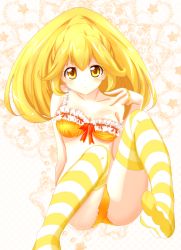 Rule 34 | 10s, 1girl, bad id, bad pixiv id, blonde hair, bow, bow bra, bra, bracelet, breasts, cleavage, cure peace, eyelashes, hair flaps, jewelry, kise yayoi, lingerie, panties, precure, small breasts, smile precure!, solo, star (symbol), strap slip, striped clothes, striped thighhighs, thighhighs, transparent background, underwear, underwear only, yellow bra, yellow eyes, yellow panties, yellow theme, yuiyuimoe