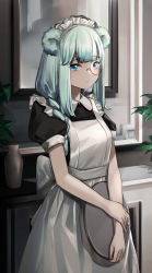 Rule 34 | 1girl, alternate costume, animal ears, apron, arknights, bear ears, black dress, blue eyes, blue hair, braid, cowboy shot, dress, enmaided, highres, holding, holding tray, indoors, istina (arknights), long hair, looking at viewer, maid, maid apron, monocle, puffy short sleeves, puffy sleeves, short sleeves, solo, standing, tray, wakamepiza, white apron