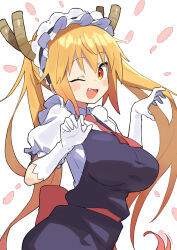 Rule 34 | 1girl, ;d, absurdres, blonde hair, breasts, dragon girl, dragon horns, gazacy (dai), gloves, highres, horns, kobayashi-san chi no maidragon, large breasts, long hair, looking at viewer, maid, maid headdress, one eye closed, open mouth, puffy short sleeves, puffy sleeves, short sleeves, smile, solo, tohru (maidragon), twintails, white background, white gloves