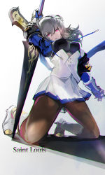 Rule 34 | 1girl, arm behind head, azur lane, boots, breasts, comaza, commentary request, corset, covered erect nipples, dress, from below, gauntlets, grey hair, hair between eyes, hair ornament, highres, holding, holding weapon, knee boots, kneeling, large breasts, long hair, looking at viewer, military, military uniform, miniskirt, pantyhose, parted lips, pink eyes, pleated skirt, polearm, saint-louis (azur lane), skirt, solo, thighs, uniform, weapon, white dress, white footwear, white skirt