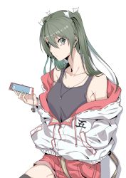 Rule 34 | 1girl, alternate costume, batacchi (mashimashi butter), black thighhighs, casual, cellphone, collarbone, cowboy shot, dark green hair, green eyes, hair ribbon, hand in pocket, highres, jacket, jewelry, kantai collection, long hair, looking at viewer, necklace, phone, red shorts, ribbon, shorts, simple background, solo, tank top, thighhighs, twintails, white background, white jacket, white ribbon, zuikaku (kancolle)
