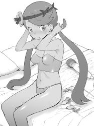 Rule 34 | :o, bed, blush, breasts, condom, creatures (company), cum, flower, game freak, greyscale, hair flower, hair ornament, highres, hitachi magic wand, long hair, looking at viewer, mallow (pokemon), medium breasts, midriff, monochrome, navel, nintendo, on bed, ookamiuo, pillow, pokemon, pokemon sm, sex toy, sitting, sweat, twintails, used condom, vibrator