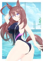 Rule 34 | 1girl, ahoge, animal ears, ass, black one-piece swimsuit, blue eyes, brown hair, competition swimsuit, cowboy shot, gurukorian, highres, horse ears, horse girl, horse tail, long hair, looking at viewer, mihono bourbon (umamusume), one-piece swimsuit, solo, swimsuit, tail, umamusume