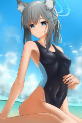 Rule 34 | 1girl, animal ear fluff, animal ears, blue archive, blue eyes, blue sky, cloud, commentary request, competition swimsuit, covered navel, cross hair ornament, day, dutch angle, grey hair, hair ornament, halo, highleg, highleg swimsuit, highres, horizon, medium hair, mismatched pupils, mogurii, ocean, one-piece swimsuit, outdoors, shiroko (blue archive), shiroko (swimsuit) (blue archive), sitting, sky, solo, swimsuit, wariza