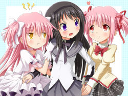 Rule 34 | 10s, 3girls, :t, akemi homura, annoyed, blush, bow, choker, dual persona, girl sandwich, gloves, hair bow, heart, holding hands, kaname madoka, long hair, magical girl, mahou shoujo madoka magica, mahou shoujo madoka magica (anime), multiple girls, open mouth, pink hair, pout, purple eyes, red eyes, sandwiched, school uniform, short twintails, skirt, smile, spoilers, twintails, two side up, ultimate madoka, white gloves, yellow eyes, yoshitani (aminosan)