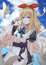 Rule 34 | 1girl, apron, belt, belt bow, bird, black dress, blonde hair, blue bow, blue sky, blurry, blush, bow, bowtie, calder (pixiv3698273), cloud, cloudy sky, commentary request, day, depth of field, dress, feathered wings, feathers, green eyes, hair between eyes, hair ribbon, hand up, highres, long hair, looking at viewer, maid, maid apron, open clothes, open mouth, original, outdoors, puffy short sleeves, puffy sleeves, red ribbon, ribbon, short sleeves, sky, solo, striped bow, striped bowtie, striped clothes, upper body, white bird, wings, wrist cuffs