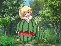 Rule 34 | 1girl, blonde hair, food, fruit, hair ornament, leaf, mon-musu quest!, mon-musu quest: paradox, monster girl, nude, plant, red eyes, vines, watermelon, watermelon girl