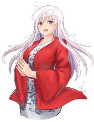 Rule 34 | 10s, 1girl, bad id, bad pixiv id, breasts, cropped legs, ghost, hanten (clothes), japanese clothes, kimono, large breasts, long hair, looking at viewer, open mouth, own hands together, red eyes, simple background, smile, solo, triangular headpiece, ucukrtz, upper body, white background, white hair, white kimono, yunohana yuuna, yuragisou no yuuna-san