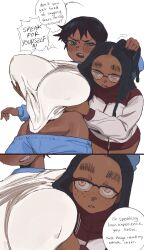 Rule 34 | 2girls, absurdres, black hair, blush, borrowed character, brown eyes, covered erect nipples, dark-skinned female, dark skin, english text, freckles, gigi (whoopsatro), glasses, grabbing, grabbing another&#039;s breast, grabbing another&#039;s hair, green eyes, highres, long hair, long sleeves, midriff, multiple girls, open mouth, original, parted lips, short hair, simple background, speech bubble, white background, whoopsatro, yuri