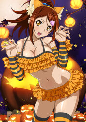 Rule 34 | 1girl, :d, bachou mouki, blue scrunchie, bow, bra, breasts, brown eyes, brown hair, cleavage, collarbone, cowboy shot, detached sleeves, frilled bra, frills, full moon, hair ornament, hair scrunchie, hairclip, halloween, halloween costume, halterneck, head tilt, high ponytail, ikkitousen, large breasts, layered skirt, leaning forward, long hair, long sleeves, microskirt, moon, navel, open mouth, orange bow, orange bra, orange skirt, pumpkin, purple sky, scrunchie, shiny skin, skirt, sky, smile, solo, standing, striped, striped sleeves, swept bangs, thighs, underwear, wrist bow