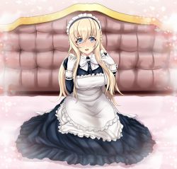Rule 34 | 1girl, alternate costume, apron, black dress, blonde hair, blue eyes, braid, breasts, dress, enmaided, french braid, frilled apron, frills, gloves, kantai collection, large breasts, long dress, long hair, long sleeves, maid, maid apron, maid headdress, solo, tk8d32, warspite (kancolle), white apron, white gloves, wrist cuffs