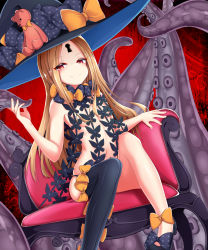 Rule 34 | 1girl, abigail williams (fate), abigail williams (second ascension) (fate), armchair, asymmetrical legwear, black bow, black footwear, black hat, black panties, black thighhighs, blonde hair, blush, bow, breasts, chair, closed mouth, commentary request, fate/grand order, fate (series), hat, highres, kana616, keyhole, long hair, looking at viewer, navel, orange bow, panties, parted bangs, polka dot, polka dot bow, red eyes, shoes, single thighhigh, sitting, skindentation, small breasts, smile, solo, stuffed animal, stuffed toy, suction cups, teddy bear, tentacles, thighhighs, topless, underwear, underwear only, uneven legwear, very long hair, witch hat