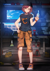 Rule 34 | 1girl, black shirt, blush, breasts, brown eyes, closed mouth, garage, girls und panzer, glasses, hand on own hip, hat, highres, jumpsuit, looking at viewer, megadeko, military vehicle, motor vehicle, original, red hair, shirt, short hair, sky, small breasts, smile, solo, tank, v