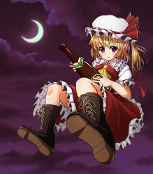 Rule 34 | 1girl, ascot, blonde hair, boots, bottle, cloud, crescent moon, cross-laced footwear, flandre scarlet, flying, ginsasa chabo, hat, hat ribbon, highres, looking at viewer, mob cap, moon, night, no wings, purple sky, red eyes, ribbon, short hair, short sleeves, side ponytail, skirt, skirt set, sky, smile, solo, star (sky), starry sky, touhou