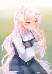 Rule 34 | 1girl, blue eyes, blue flower, braiding hair, closed mouth, commentary, dated, english commentary, flower, grey shirt, hair flower, hair ornament, hairdressing, indie virtual youtuber, long hair, long sleeves, lyrica (vtuber), overalls, pink hair, shirt, signature, sitting, smile, solo, temachii, very long hair, virtual youtuber