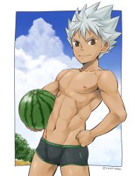 Rule 34 | 1boy, ball, beachball, black male swimwear, black swim trunks, brown eyes, food, fruit, hand on own hip, king of prism, king of prism by prettyrhythm, looking at viewer, male focus, male swimwear, nishina kazuki, pretty rhythm, pretty rhythm rainbow live, pretty series, short shorts, shorts, smile, solo, spiked hair, standing, swim trunks, swimsuit, toned, toned male, torakichi (ebitendon), twitter username, watermelon, white hair