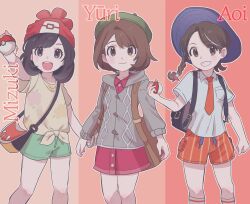 Rule 34 | 3girls, :d, backpack, bag, beanie, beret, black bag, blush, braid, breast pocket, brown eyes, brown hair, buttons, cardigan, character name, clenched hand, closed mouth, collared dress, collared shirt, commentary request, creatures (company), dress, eyelashes, game freak, gloria (pokemon), green headwear, green shorts, grey cardigan, grin, hat, highres, holding, holding poke ball, hood, hood down, hooded cardigan, juliana (pokemon), knees, korean commentary, memoji 7672, multiple girls, necktie, nintendo, open mouth, orange necktie, orange shorts, pink dress, pocket, poke ball, poke ball (basic), pokemon, pokemon sm, pokemon sv, pokemon swsh, red headwear, school uniform, selene (pokemon), shirt, short sleeves, shorts, shoulder bag, smile, socks, t-shirt, teeth, tied shirt, yellow shirt