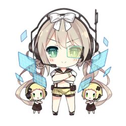 Rule 34 | 3girls, bare legs, black footwear, blonde hair, blush, blush stickers, bow, brown dress, brown sailor collar, c:, chibi, closed mouth, command fairy (girls&#039; frontline), cross hair ornament, crossed arms, dress, earpiece, fairy (girls&#039; frontline), floating screen, full body, girls&#039; frontline, green eyes, hair bow, hair ornament, hairclip, headphones, headset, light brown hair, long hair, looking at viewer, midriff, multiple girls, navel, official art, sailor collar, saru, scouter, shirt, short hair, short sleeves, shorts, simple background, smile, standing, straight-on, suspender shorts, suspenders, third-party source, transparent background, twintails, v-shaped eyebrows, v-shaped eyes, very long hair, white bow, white shirt, yellow shorts, yellow wristband, | |
