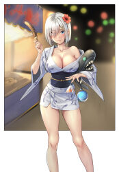 Rule 34 | 1girl, animal, blue eyes, breasts, chocolate banana, cleavage, closed mouth, collarbone, feet out of frame, fish, flower, food, goldfish, grey hair, hair flower, hair ornament, hair over one eye, hairclip, hamakaze (kancolle), highres, holding, holding food, i-class destroyer, japanese clothes, kantai collection, kimono, kokuzou, large breasts, long sleeves, looking at viewer, obi, official alternate costume, red flower, sash, short hair, smile, solo, white kimono, wide sleeves